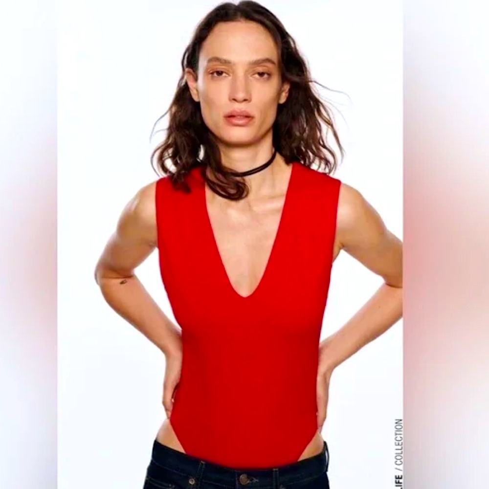 Zara | V-Neck Red Bodysuit plunging neckline tank top
